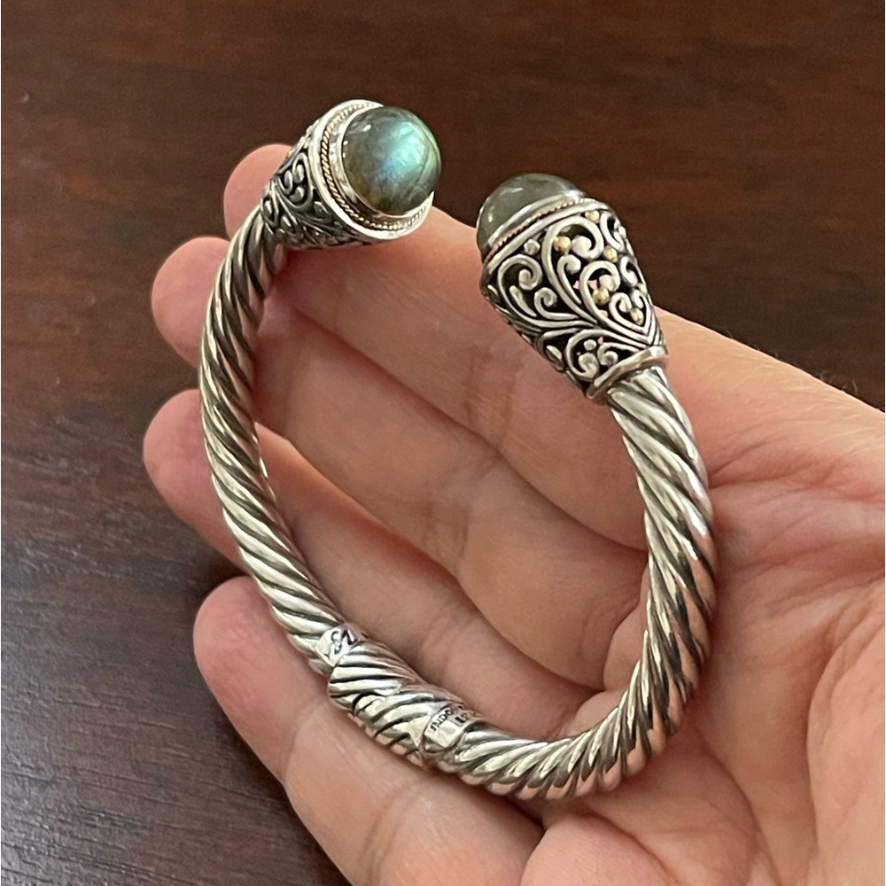 Solid 18K yellow gold & sterling silver labradorite hinged cuff bangle bracelet